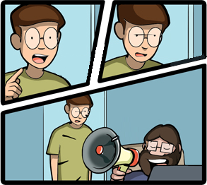 Three frames. Top-Left: Coder in doorway, alert. Top-Right: Coder in doorway, considering. Bottom: Both coder in doorway and their colleague, who triumphantly holds a megaphone for an announcement.